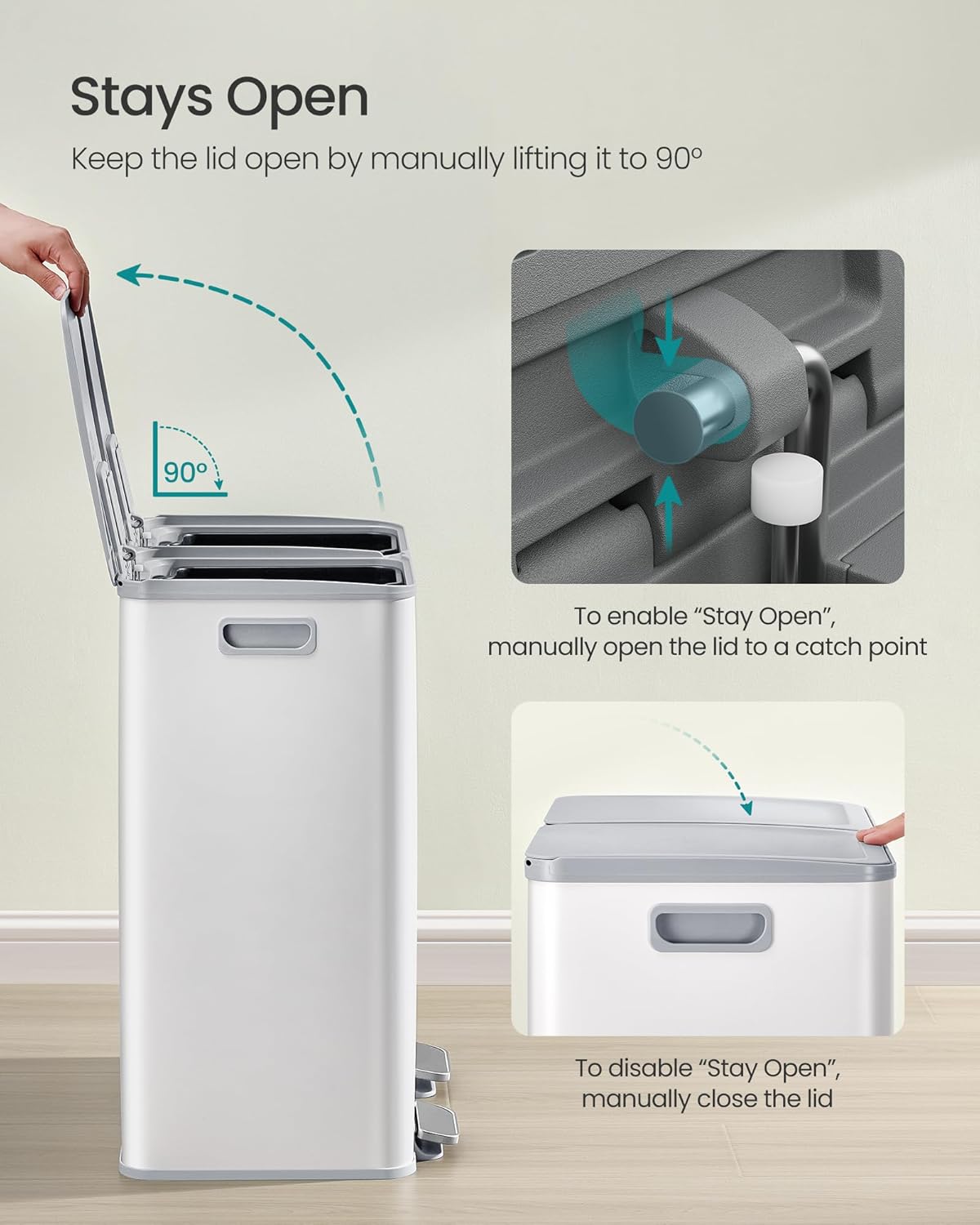SONGMICS Trash Can, 2 x 8 Gallon (2 x 30 L) Dual-Compartment Garbage Can with Soft-Close Lid, Pedal and Inner Buckets, Stainless Steel, Includes 15 Liner Bags, Matte White ULTB741W01