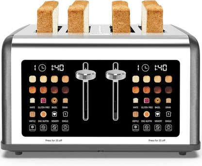 4 Slice Toaster Touch Screen, Stainless Steel Toasters Digital Timer, Dual Control Panel Toasters, 8 Shade Settings 6 Bread Types for Bagel, Cancel, Defrost 1650W Grey