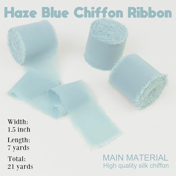 Haze Blue Chiffon Ribbon - 1-1/2 Inch x 21 Yards Handmade Fringe Silk Ribbon for Gift Wrapping, Wedding Invitations, Bridal Flower Bouquets
