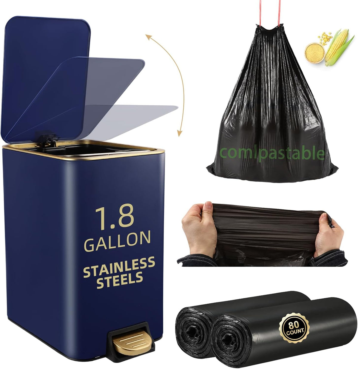 Small Bathroom Trash Can with Lid Soft Close, 1.8 Gallon Stainless Steel Garbage Can with Removable Inner Bucket,80Count Trash Bags, Slim Step Pedal Trash Bins