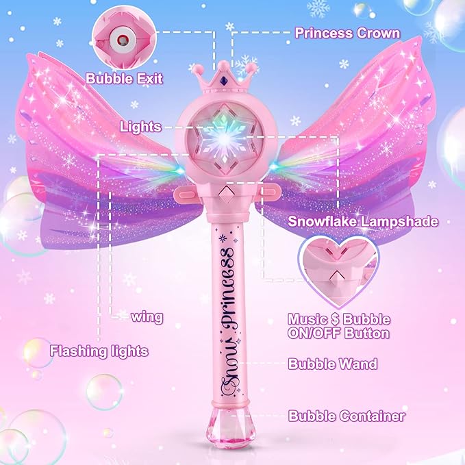 Bubble Wands for Kids Girls - LED Light & Music Bubble Machine: 3 AA Batteries & 2 Bubble Solutions, Outdoor Party Birthday Toys for Toddlers, Gift for 3 4 5 6 7 8 Year Old Girls