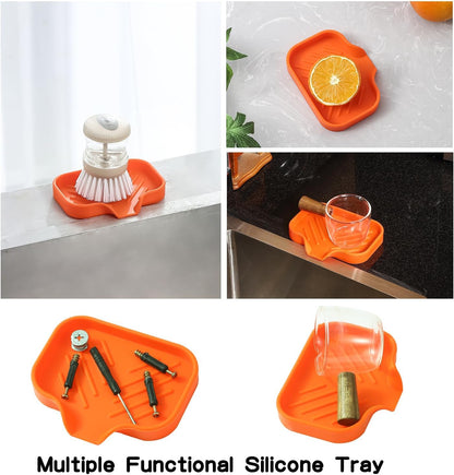 Silicone Bathroom Soap Dishes with Drain Spout-Bathroom and Kitchen Sink Organizer,Sponge Holder,Dish Soap Tray,Perfect for Dispenser,Scrubber,Bottle,Cup on Sink or Counter-Orange 4.9"×3.2"