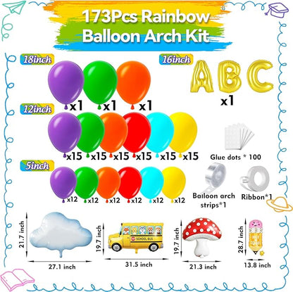 Rainbow Balloon Arch Garland Kit 173Pcs, Back to School Balloon with School Bus Pencil ABC Mushroom Cloud Foil Balloons for Watermelon Birthday Back to School Kindergarten Graduation Decor