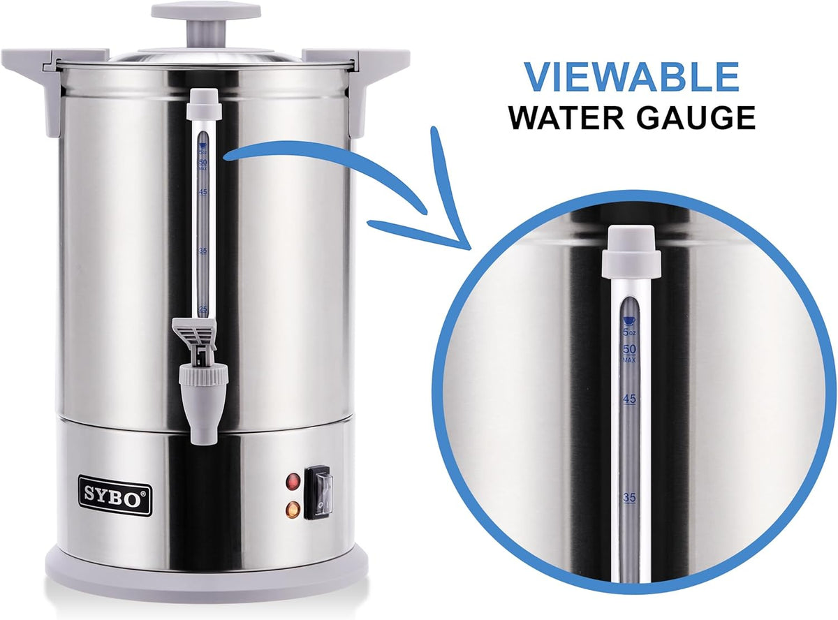 Sybo SR-CP-50B Commercial Grade Stainless Steel Percolate Coffee Maker Hot Water Urn for Catering, 50-Cup 8 L, Grey