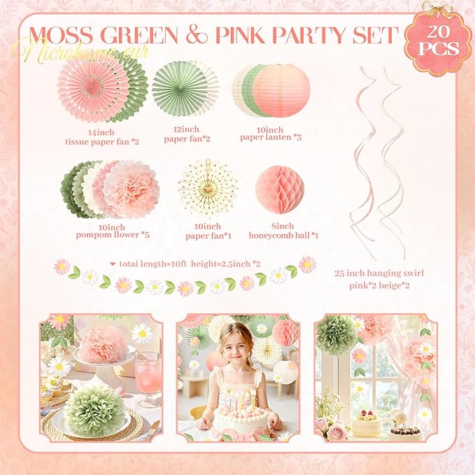 NICROHOME EUR Wedding Decorations, 20 PCS Sage Green and Pink Tissue Pom Poms Paper Lanterns Paper Fans 3D Flower Garlands for Bridal Shower Baby Shower Women Girls Birthday Garden Party Decor