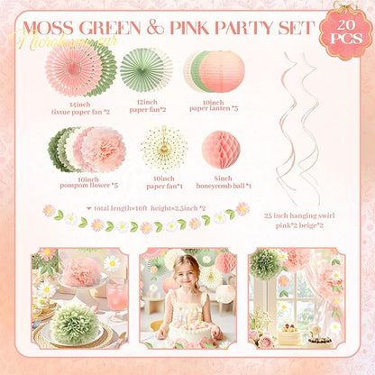 NICROHOME EUR Wedding Decorations, 20 PCS Sage Green and Pink Tissue Pom Poms Paper Lanterns Paper Fans 3D Flower Garlands for Bridal Shower Baby Shower Women Girls Birthday Garden Party Decor