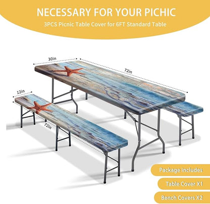 Park Picnic Table Cover with Bench Covers Lightweight Camping Essentials, Oil-Proof Waterproof 3PCS Tablecloth with Elastic, Fitted for Table 6FT Rectangle and Seats, Board Beach (72x30in)