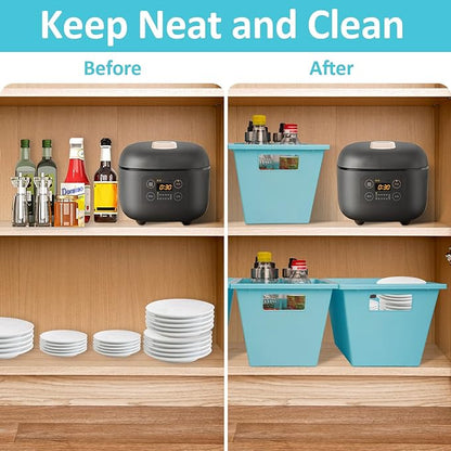 4PC Plastic Stackable Storage Basket - Large Basket Organizer with Handle for Kitchen ,Offices ,Shelving, Pantry,Cabinet and Bathrooms Open Storage Bin for Space Optimization Portability-Blue