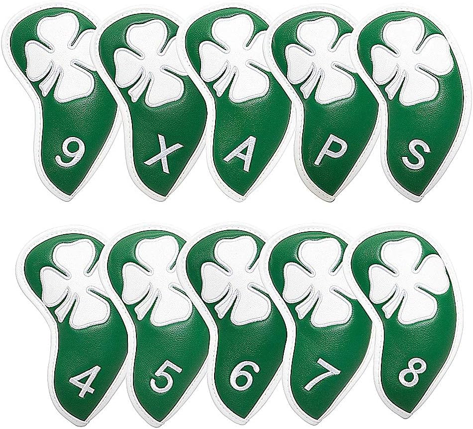 Lucky Clover Golf Iron Club Head Covers Headcovers Set, 10pcs Leather Golf Headcovers for Irons Gift for Men Women Golfer, Designed to fit All Brands