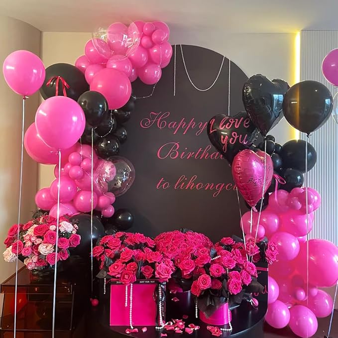 Black and Hot Pink Balloons Garland Arch Kit With Clear Bobo Balloons, 151Pcs Latex Balloons Different Sizes 18 12 10 5 inch for Valentine Day Birthday Holiday Party Decorations