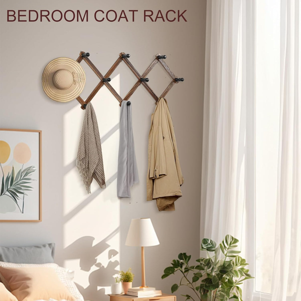 Wgfkvas 2 Pack Accordion Hat Rack for Wall - Expandable Coat Rack & Wall Mounted Hat Holder - Wooden Wall Hanger with 10 Peg Hooks for Coats