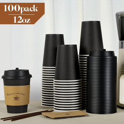 Litopak 100 Pack 12 oz Paper Coffee Cups for Hot Chocolate Drinks, Black Disposable Coffee Cups with Lids, Sleeves and Stirring Sticks for Parties