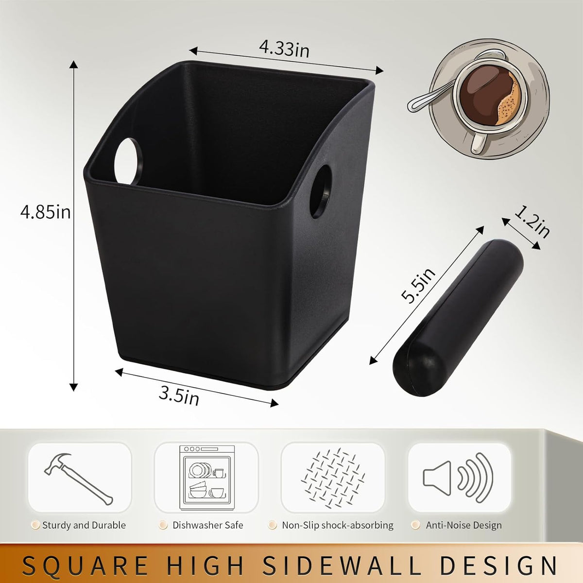 Knock Box Square High Sidewall Design Espresso Knock Box Shock-absorbent Knock Box Espresso with Removable Knock Bar and Non-Slip Base Espresso
