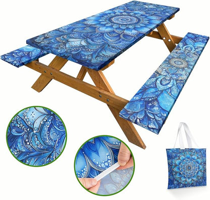 Blue Mandala Picnic Table Cover with Bench Covers and Carrying Bag, Vintage Boho Floral Rectangle Table Cover Outdoor Patio Camping Essentials 72 inch 4PCS Camping Fitted Tablecloth