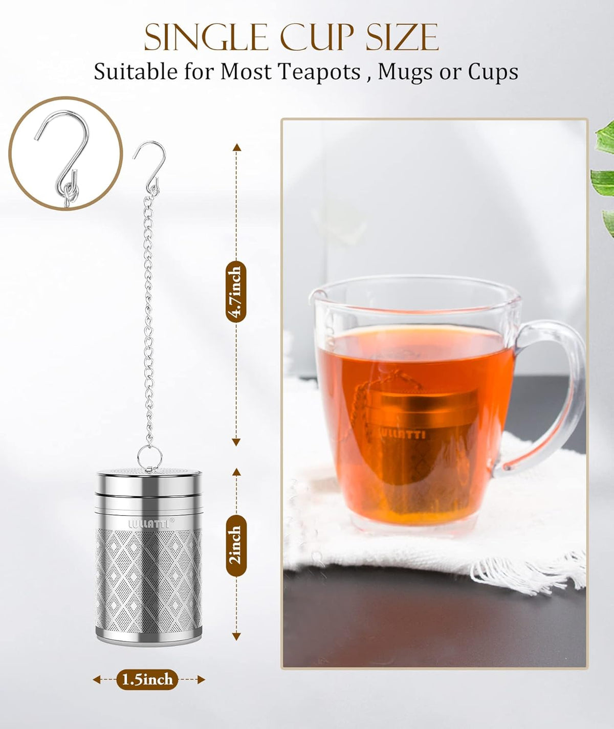 Tea Infuser (1 Pack), Extra Fine Mesh Loose Leaf Tea Steeper with Diamond Pattern & Extended Long Chain