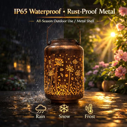 Solar Lanterns Outdoor Waterproof - Retro Metal Hanging Solar Lights with Dandelion Hollow-Out Pattern, Decorative Garden Decor for Outside Patio Yard Porch, Unique Floral Gifts for Women Mom Grandma