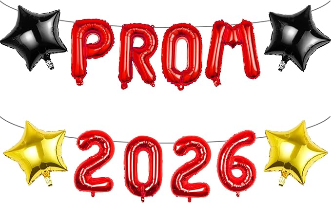 Prom 2026 Balloons Decorations, 16 Inch Foil Letter Number Balloons with 18 Inch Black Red Star Balloons for High School College Graduation Gift Retirement Ins Photo Party Supplies