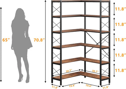 6-Shelf Corner Bookshelf, Vintage Industrial CornerBookshelf Etagere Bookcase, Large Book Shelf with Metal Frame Open Storage Corner Cabinet for Living Room Home Office（Retro Brown）