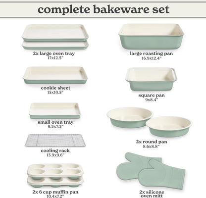 Country Kitchen Nonstick Stackable Bakeware Set - Deluxe Heavy Duty, Durable, Easy Release Baking Set, Sage, 13 Pcs with Handles