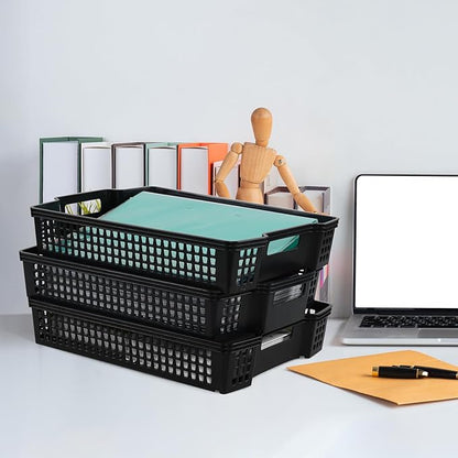 6 Packs Plastic Stacking Storage Baskets, Paper Storage Basket Tray, Black