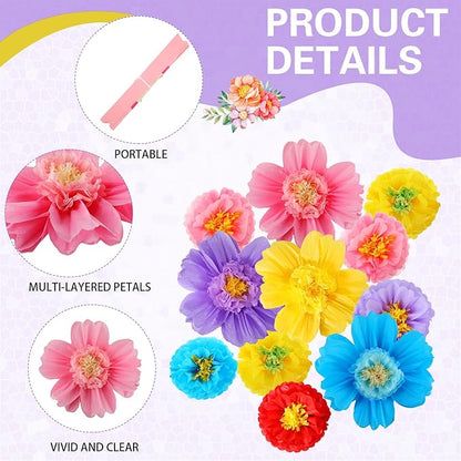 Crowye 12 Pcs Large Colorful Tissue Paper Flowers Decorations Giant Fiesta Craft Crepe Paper Flowers for Wall Decor Backdrop Mexican Wedding Birthday Carnival Party (10'' 20'',Cute Color)