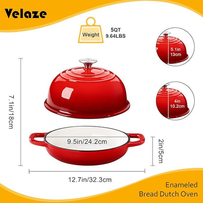 Velaze Enameled Cast Iron Dutch Oven for Bread Baking,5 QT Round Bread Oven Pot with Dome Lid for Sourdough, Roasting,Braising(Red)