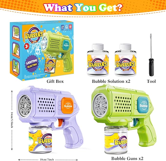 Panamalar 2 Packs Bubble Guns for Kids, Automatic Bubble Machine Gun 10000+ Bubbles/Min, 10 Holes Bubble Maker Toys with Solution/Light for Boys Girls Outdoor Wedding Party, Purple+Green