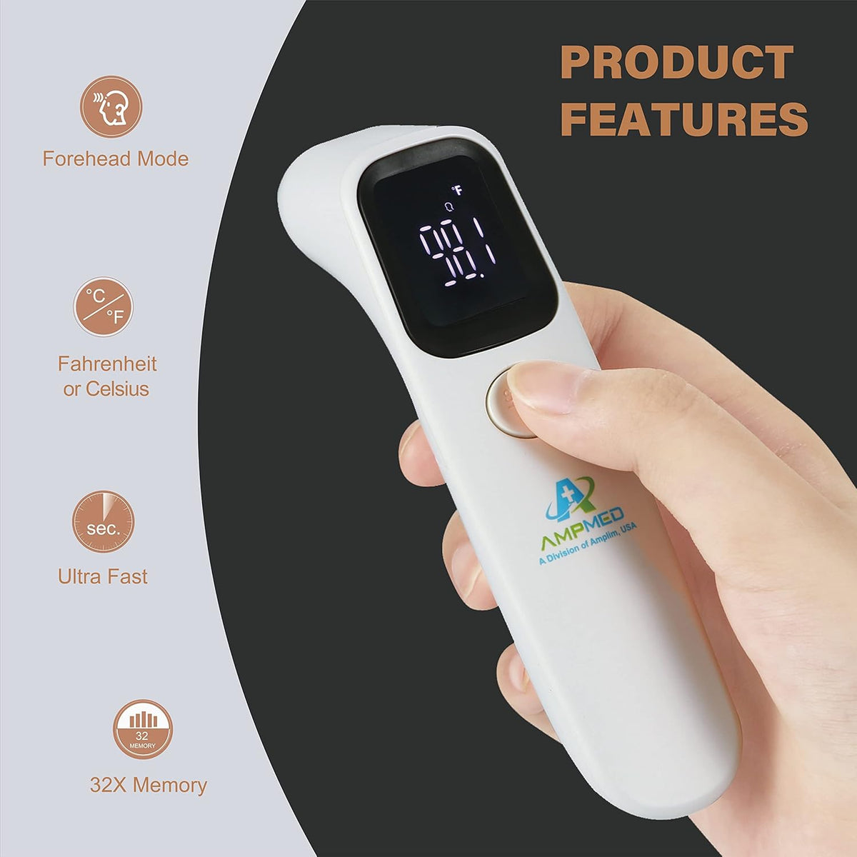 Amplim Forehead Thermometer, No-Touch, FDA-Cleared, Medical-Grade Infrared, 1-Second Read with Audible Fever Alert