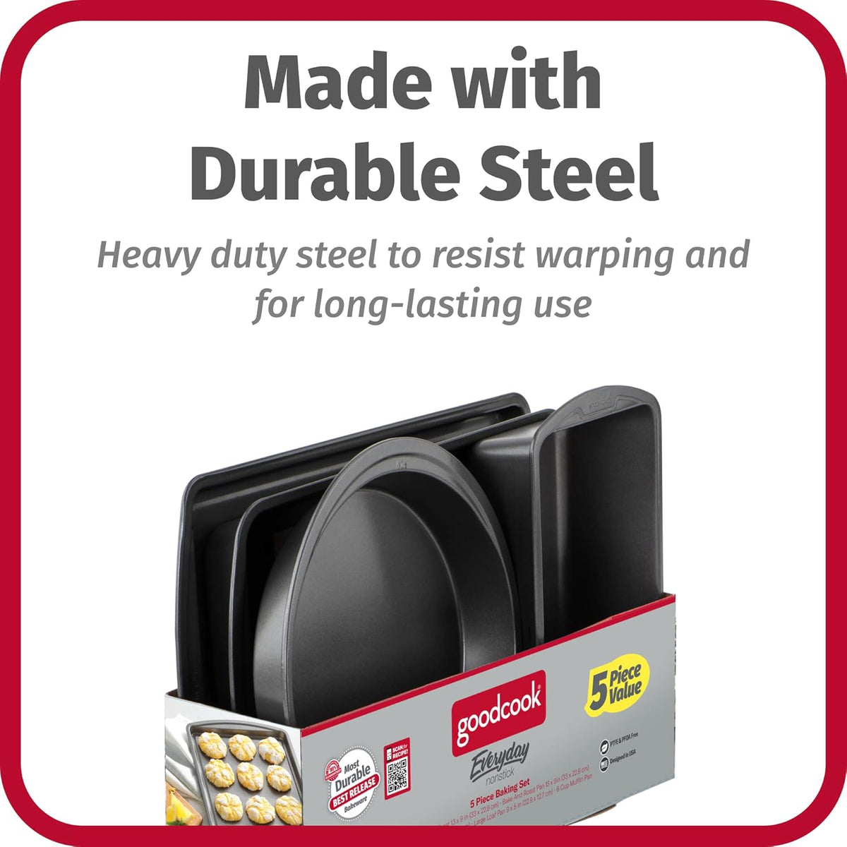 GoodCook Everyday Nonstick Steel 5-Piece Bakeware Set, Gray, Includes Cookie Sheet, Cake Pan, Loaf Pan, Muffin Pan, and Roast Pan