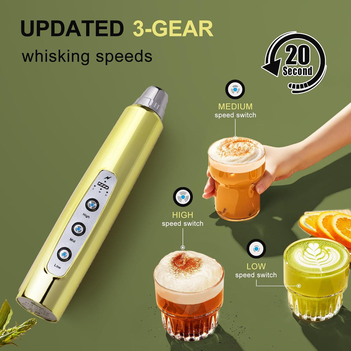 Yuswko Champagne Gold Handheld Milk Frother Wand for Coffee, Rechargeable Electric Whisk with 3 Heads 3 Speeds Drink Mixer Coffee Frother For Latte