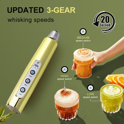 Yuswko Champagne Gold Handheld Milk Frother Wand for Coffee, Rechargeable Electric Whisk with 3 Heads 3 Speeds Drink Mixer Coffee Frother For Latte
