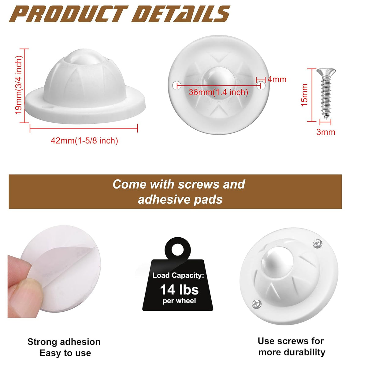 PlusRoc 8 Pack Self Adhesive Caster Wheels For Kitchen Appliance Rollers, Load Capacity 14LBS Per Wheel, Mini Swivel Wheels Sliders For Stand Mixers Air Fryers Coffee Machine