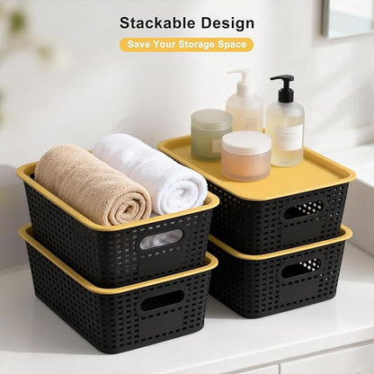 AREYZIN Plastic Storage Bins with Lid,Stackable Storage Bins and Storage Baskets for Shelves,Small Baskets for Organizing, Small Storage Bins,10.2x7.2x4.1 Inch,6-Pack, Black