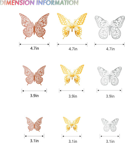 Saoropeb 3D Butterfly Wall Decor, 72 Pcs 3 Styles 3 Sizes, Removable Metallic Wall Decor Sticker Room Mural Decals for Kids Bedroom Nursery Classroom