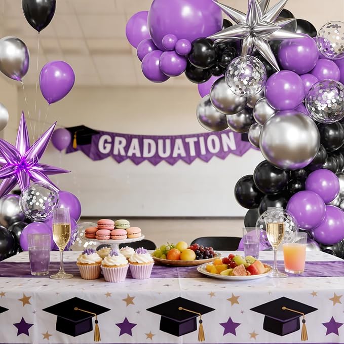 Purple and Black Balloon Arch Kit, 2026 Graduation Decorations, 130Pcs Purple Black Silver Balloons with Foil Star Confetti Balloons for College High School Graduation Decorations Class of 2026