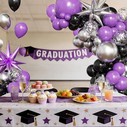 Purple and Black Balloon Arch Kit, 2026 Graduation Decorations, 130Pcs Purple Black Silver Balloons with Foil Star Confetti Balloons for College High School Graduation Decorations Class of 2026