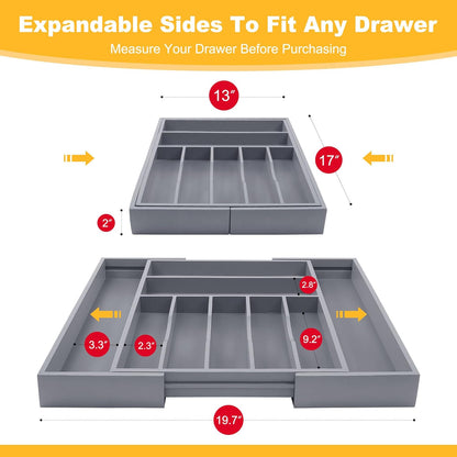 Large Premium Bamboo Silverware Organizer - Expandable Drawer Organizer & Utensil Organizer - 17"x19.7" Cutlery Tray with Dividers for Kitchen Utensils and Flatware (7-9 Slots) (Grey)