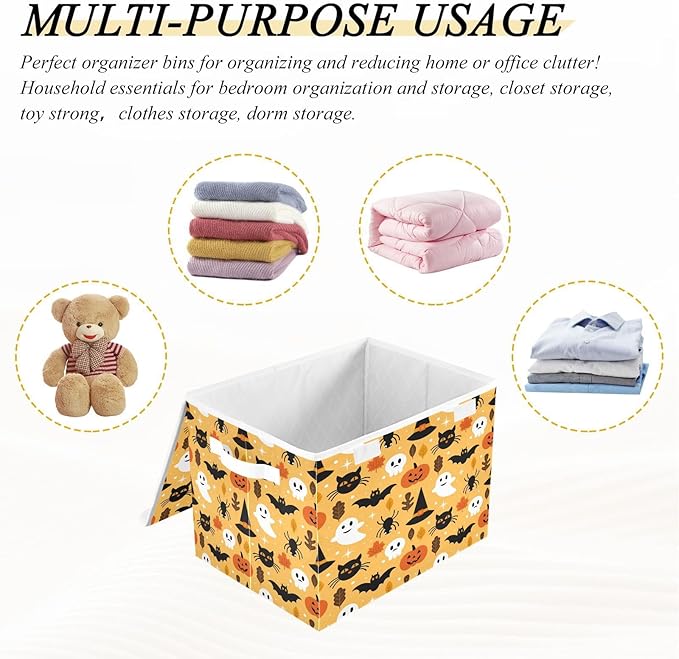Large Collapsible Storage Bins with Lids, Halloween Spooky Skull Pumpkin Black Cat Storage Baskets Organizer Containers with Handles for Nursery Clothes Toys