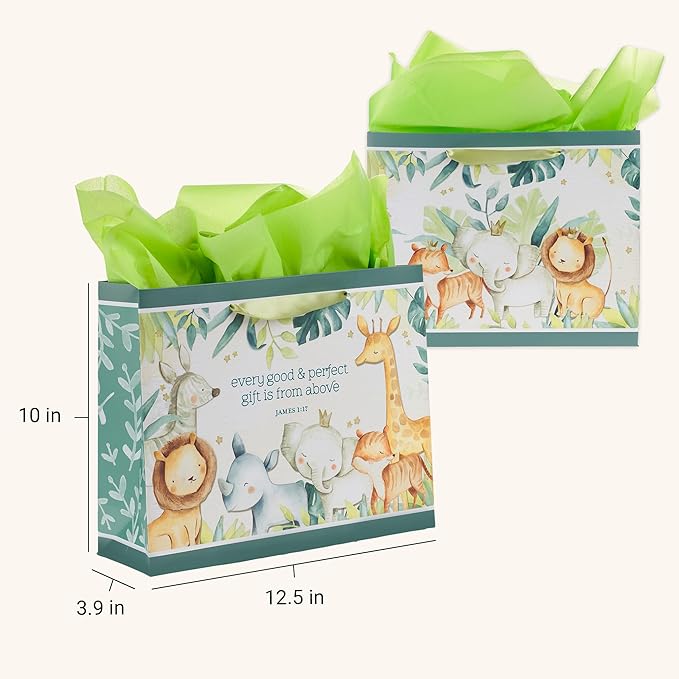 Christian Art Gifts Large Landscape Scripture Gift Bag w/Greeting Card & Tissue Paper Set for Kids: Every Gift Inspirational Bible Verse, Cute Animal Forest Theme Childrens Wrapping Accessory, Boys,
