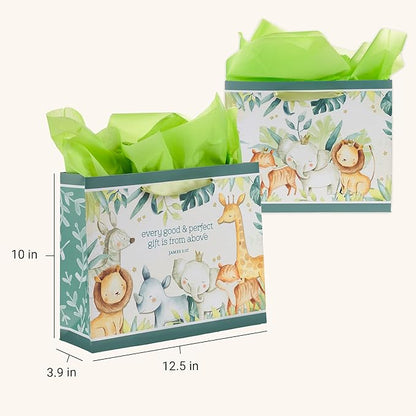 Christian Art Gifts Large Landscape Scripture Gift Bag w/Greeting Card & Tissue Paper Set for Kids: Every Gift Inspirational Bible Verse, Cute Animal Forest Theme Childrens Wrapping Accessory, Boys,