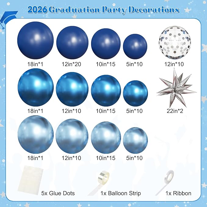 Blue Silver Balloon Arch Kit, 130Pcs Navy Blue Metallic Blue Silver Balloons with Foil Star Confetti Balloons for College High School Graduation Decorations Class of 2026