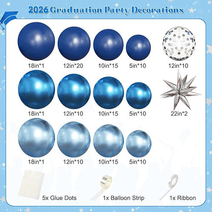 Blue Silver Balloon Arch Kit, 130Pcs Navy Blue Metallic Blue Silver Balloons with Foil Star Confetti Balloons for College High School Graduation Decorations Class of 2026