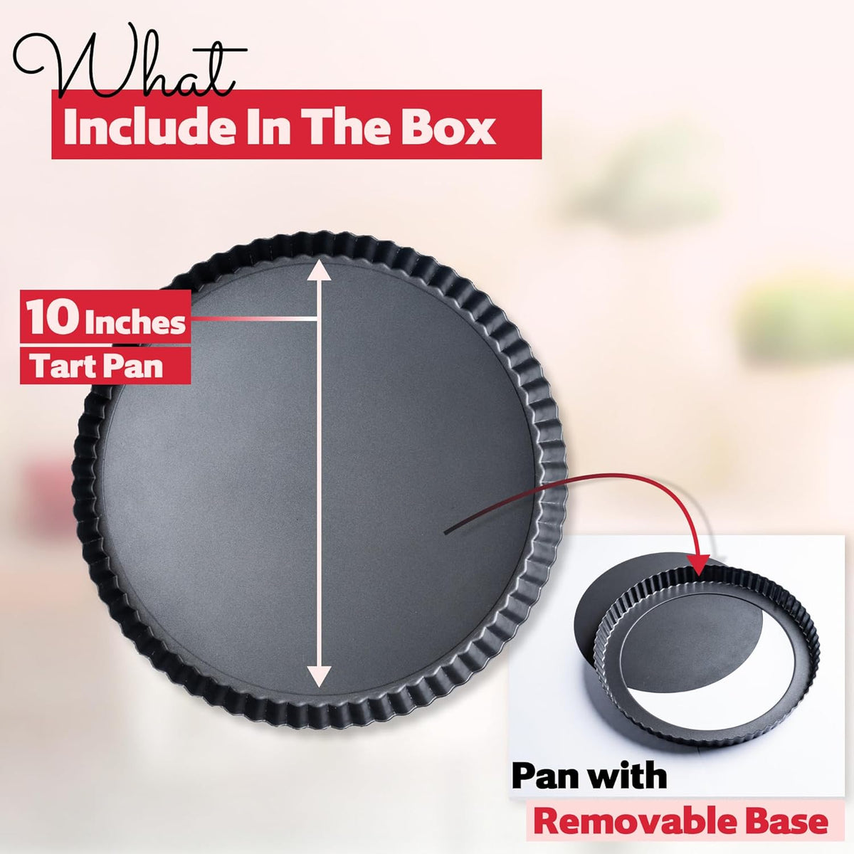 Tart Pan 10 Inch Removable Bottom- Carbon Steel Quiche Pan, Rust & Temperature Resistant Quiche Baking dish 550-600 °F- Non-Stick