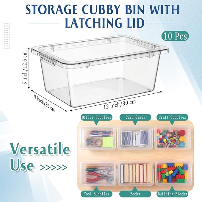 10 Pcs Cubby Bin with Clear Latching Lid Label Sticker Colored Plastic Stackable Book Storage Container for Classroom Office Home Sorting Arts Craft Desk Organizer(Clear)