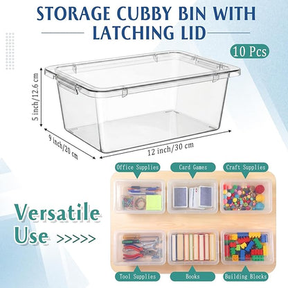 10 Pcs Cubby Bin with Clear Latching Lid Label Sticker Colored Plastic Stackable Book Storage Container for Classroom Office Home Sorting Arts Craft Desk Organizer(Clear)