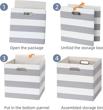 13x13x13 Storage Cube Bins, Foldable Storage Cubes Cubby Baskets Organizer Cloth Bins for Cube Storage Organizing Shelf Closet, Pack of 4, Gray/White Stripe