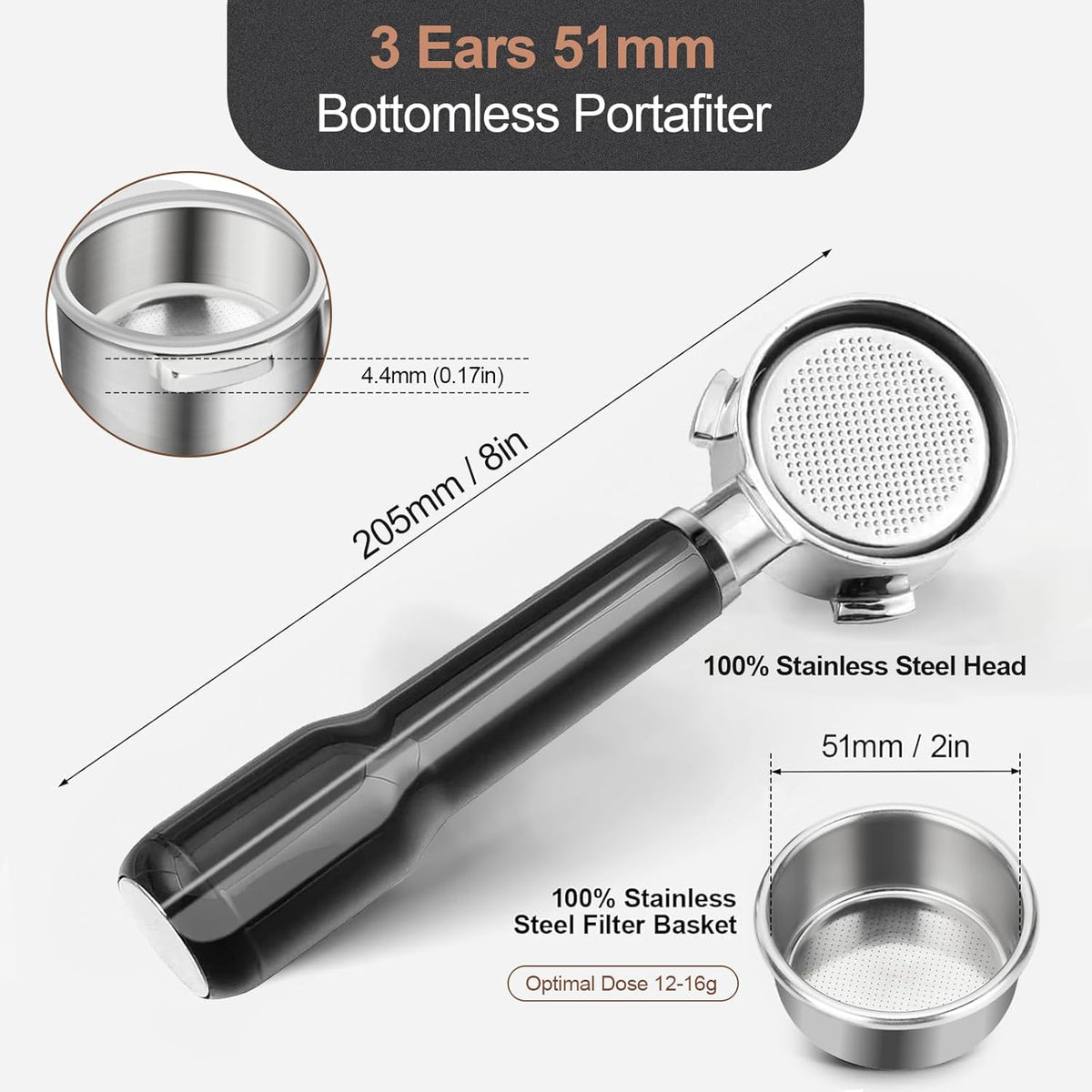 51mm Bottomless Portafilter & Puck Screen, 3-Ear Stainless Head, Compatible with CASABREWS CM5418, 3700Essential, 3700Gense Espresso Machines, Includes 304 Stainless Steel Filter Basket