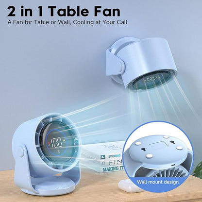 YOSHENMO Desk Fan, Turbo Table Fan for Bedroom, 100-Speed Digital Display, Low Noise, 105° Adjustable Tilt, 7.5-inch, Rechargeable Battery, Wall-Mouted Design for Home, Office, Travel Blue