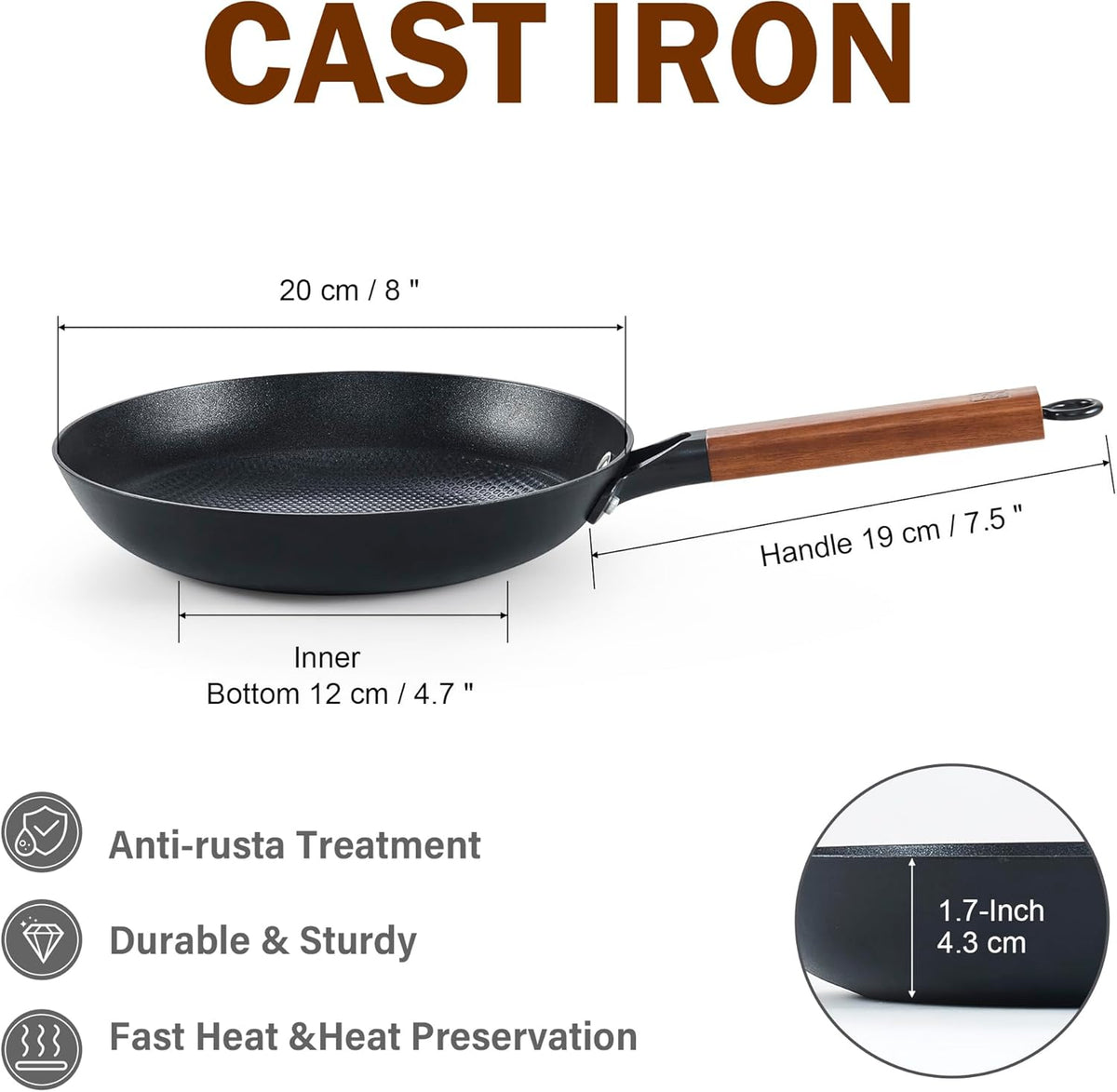 DM Cast Iron Skillet, 8 Inch Nonstick Frying Pan with Detachable Acacia Wooden Handle, Honeycomb Non stick Omelet Egg Pan, Easy Clean Oven Safe Pans for Cooking