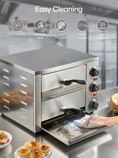 Commercial Pizza Oven, 12 Inch Countertop Pizza Ovens with 662°F Max Temp, 2-Layer Electric Pizza Cooker with Alert Timer, 1700W Stainless Steel Pizza-Maker Machine, for Restaurant,Home, Party, Silver